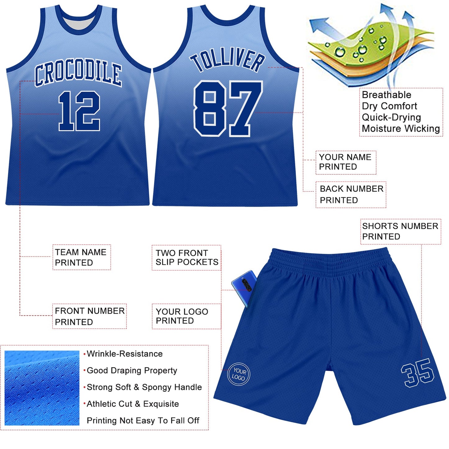 Custom Light Blue Royal-White Fade Fashion Round Neck Sublimation Basketball Suit Jersey - Sky-Custom