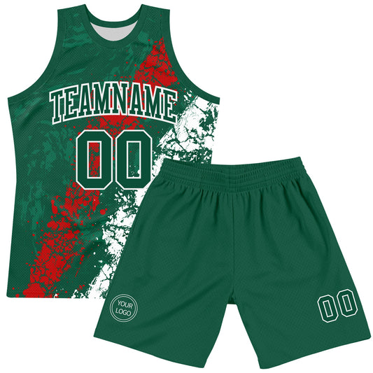 Custom Green Red-White Splash Round Neck Sublimation Basketball Suit Jersey - Sky-Custom