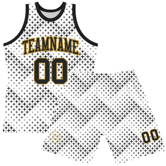 Custom White Black-Old Gold Geometric Shape Round Neck Sublimation Basketball Suit Jersey - Sky-Custom