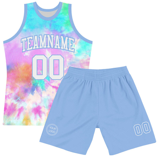 Custom Tie Dye White-Light Blue Round Neck Sublimation Basketball Suit Jersey - Sky-Custom