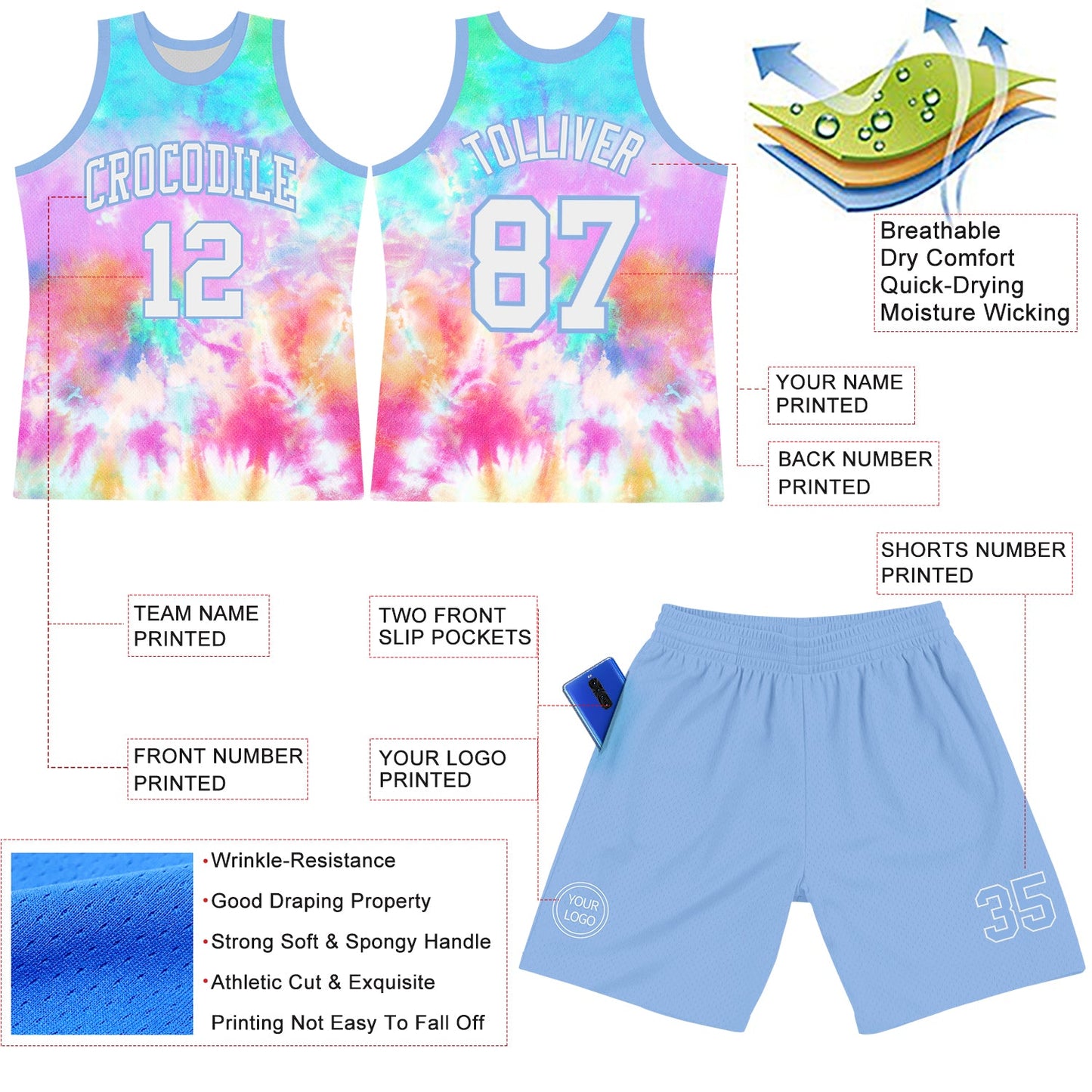 Custom Tie Dye White-Light Blue Round Neck Sublimation Basketball Suit Jersey - Sky-Custom