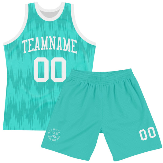 Custom Aqua White Wave Round Neck Sublimation Basketball Suit Jersey - Sky-Custom