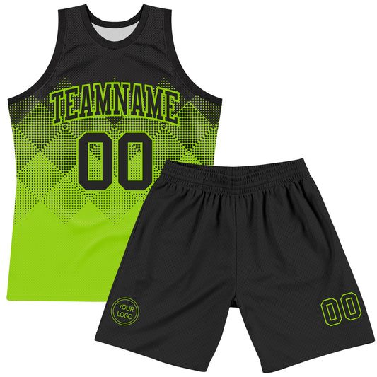 Custom Black Neon Green Gradient Square Shapes Round Neck Sublimation Basketball Suit Jersey - Sky-Custom