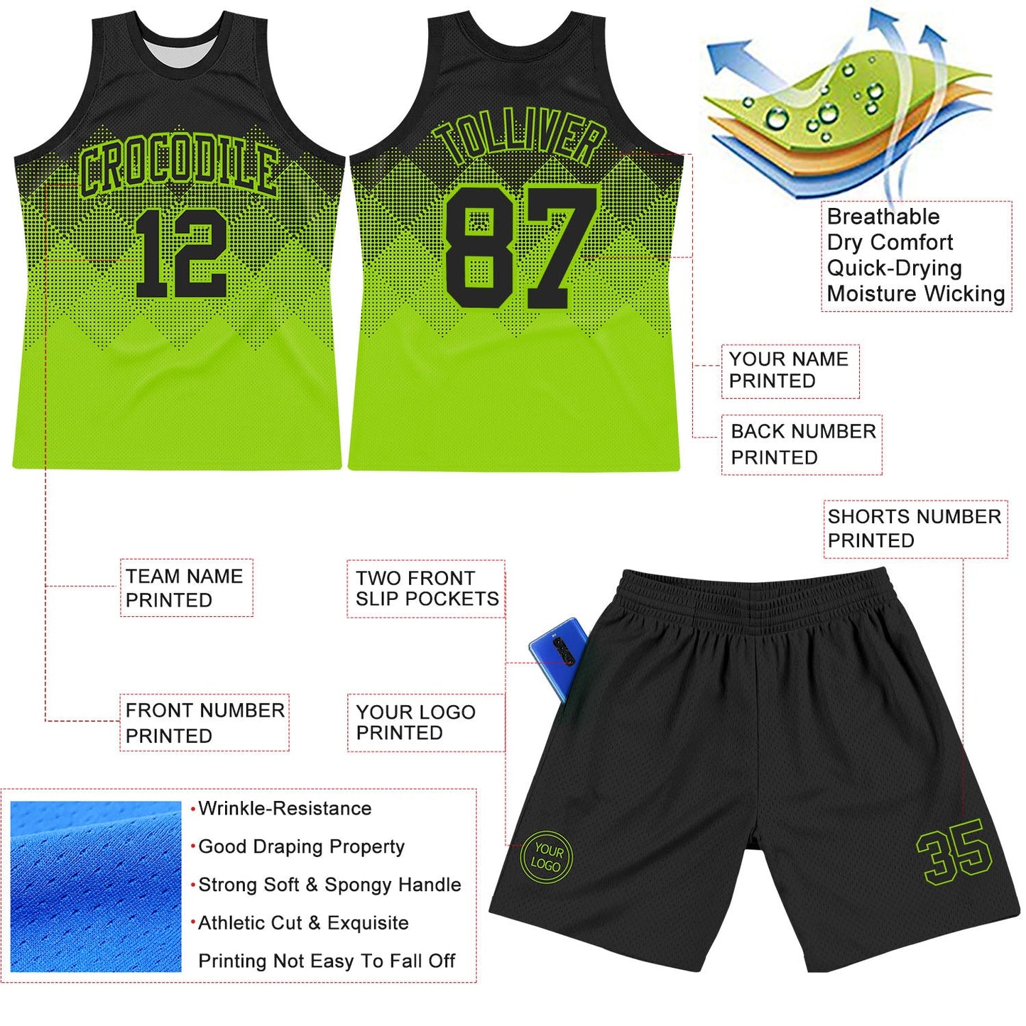 Custom Black Neon Green Gradient Square Shapes Round Neck Sublimation Basketball Suit Jersey - Sky-Custom