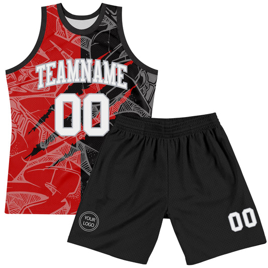 Custom Graffiti Pattern White Black Red-Gray Scratch Round Neck Sublimation Basketball Suit Jersey - Sky-Custom