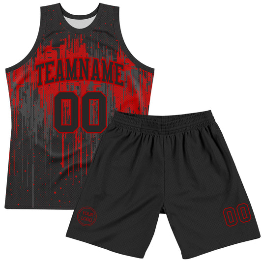 Custom Black Red Dripping Splatter Art Round Neck Sublimation Basketball Suit Jersey - Sky-Custom