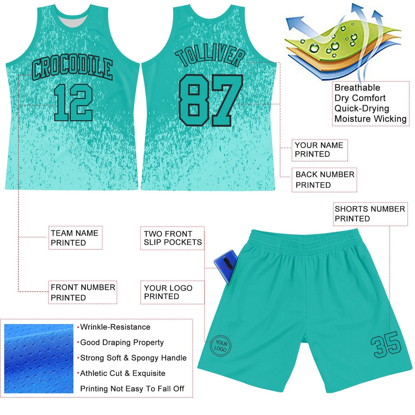 Custom Aqua Black Fragment Art Round Neck Sublimation Basketball Suit Jersey - Sky-Custom