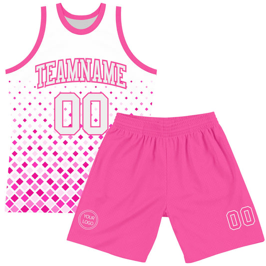 Custom White Pink Gradient Square Shapes Round Neck Sublimation Basketball Suit Jersey - Sky-Custom