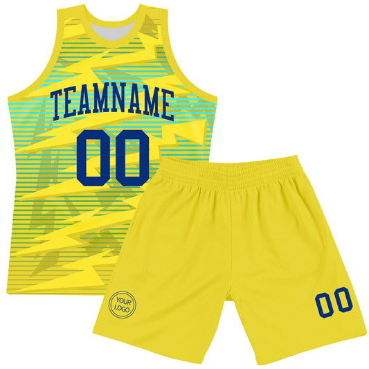 Custom Gold Royal-Light Blue Line Round Neck Sublimation Basketball Suit Jersey - Sky-Custom
