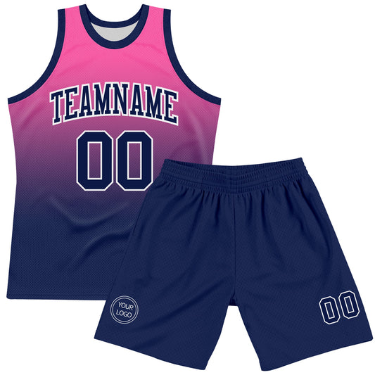 Custom Pink Navy-White Fade Fashion Round Neck Sublimation Basketball Suit Jersey - Sky-Custom