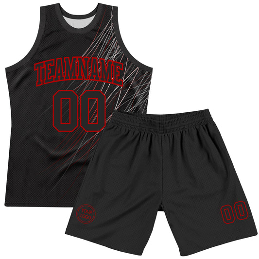 Custom Black Red Line Round Neck Sublimation Basketball Suit Jersey - Sky-Custom