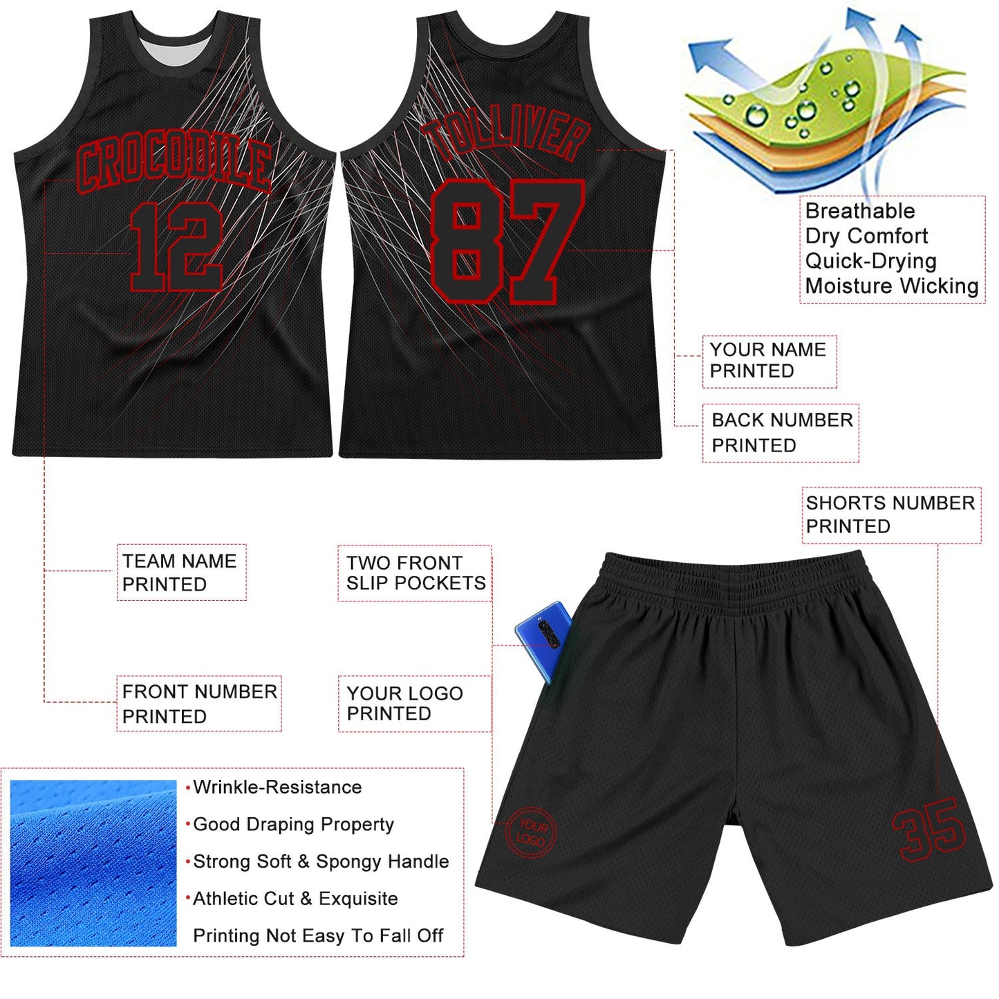 Custom Black Red Line Round Neck Sublimation Basketball Suit Jersey - Sky-Custom