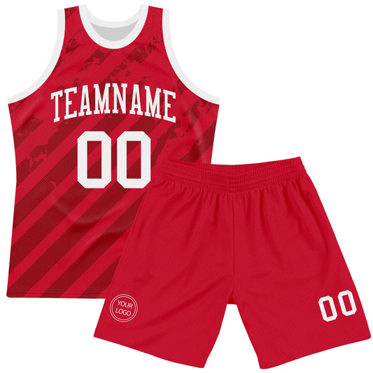 Custom Red White Line Round Neck Sublimation Basketball Suit Jersey - Sky-Custom