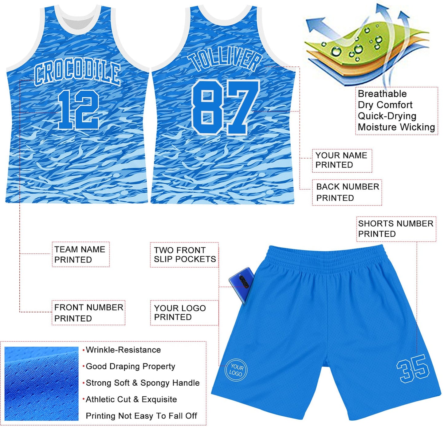 Custom Royal White Wave Round Neck Sublimation Basketball Suit Jersey - Sky-Custom