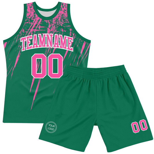Custom Kelly Green Pink-White Splash Round Neck Sublimation Basketball Suit Jersey - Sky-Custom