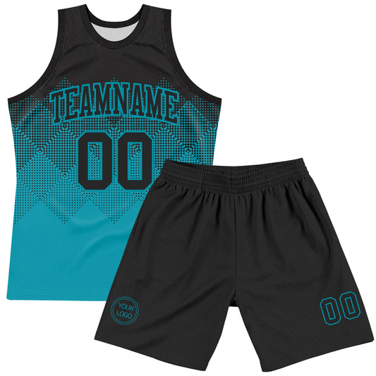 Custom Black Teal Gradient Square Shapes Round Neck Sublimation Basketball Suit Jersey - Sky-Custom