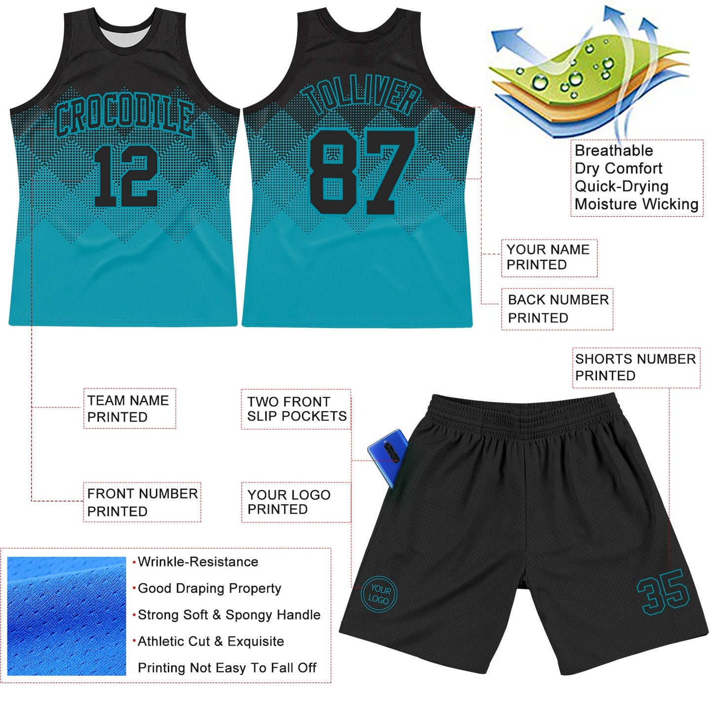 Custom Black Teal Gradient Square Shapes Round Neck Sublimation Basketball Suit Jersey - Sky-Custom
