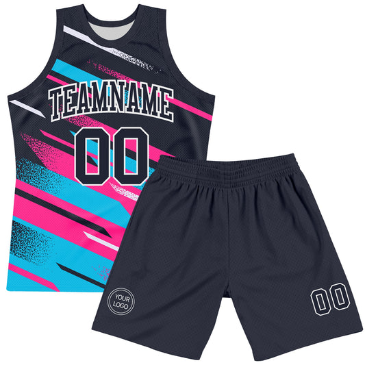 Custom Navy Pink Light Blue-White Line Round Neck Sublimation Basketball Suit Jersey - Sky-Custom