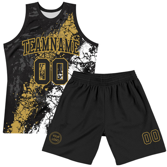 Custom Black Old Gold-White Splash Round Neck Sublimation Basketball Suit Jersey - Sky-Custom