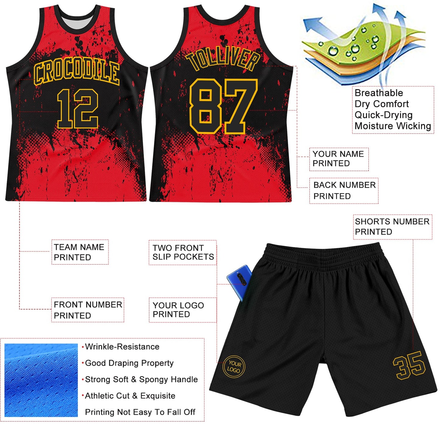 Custom Black Red-Gold Abstract Splatter Grunge Art Round Neck Sublimation Basketball Suit Jersey - Sky-Custom
