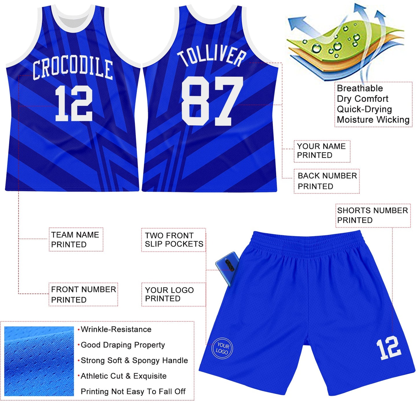 Custom Royal White-Navy Line Round Neck Sublimation Basketball Suit Jersey - Sky-Custom