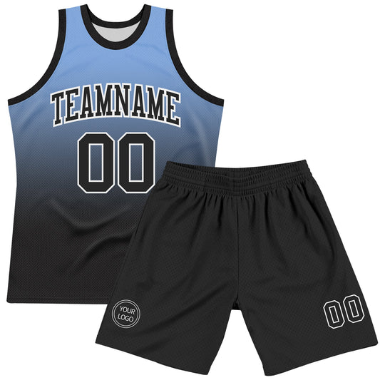 Custom Powder Blue Black-White Fade Fashion Round Neck Sublimation Basketball Suit Jersey - Sky-Custom