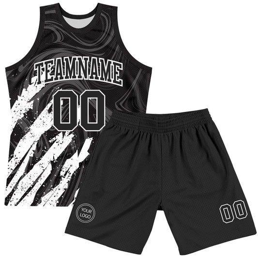 Custom Black White Splash Round Neck Sublimation Basketball Suit Jersey - Sky-Custom