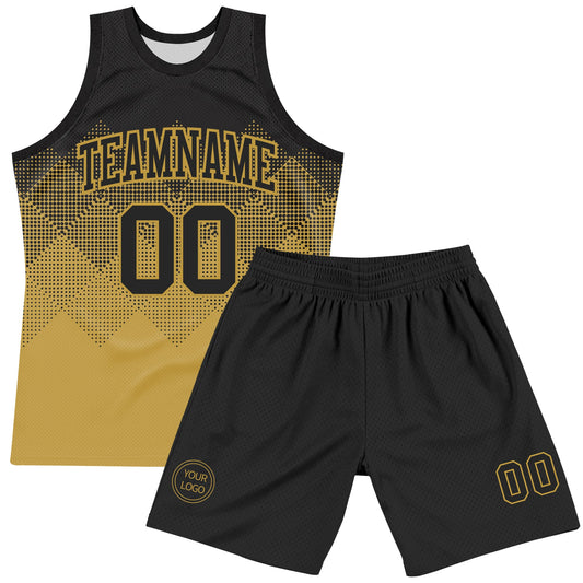 Custom Black Old Gold Gradient Square Shapes Round Neck Sublimation Basketball Suit Jersey - Sky-Custom