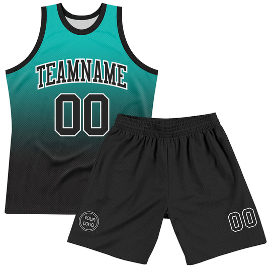 Custom Aqua Black-White Fade Fashion Round Neck Sublimation Basketball Suit Jersey - Sky-Custom