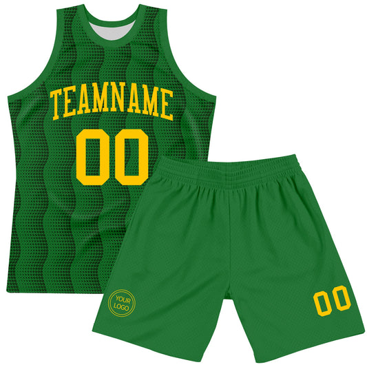 Custom Kelly Green Yellow Geometric Shape Round Neck Sublimation Basketball Suit Jersey - Sky-Custom