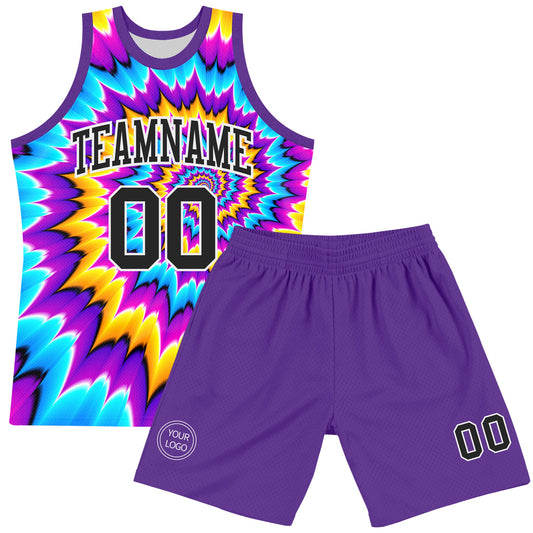 Custom Tie Dye Black-White Round Neck Sublimation Basketball Suit Jersey - Sky-Custom