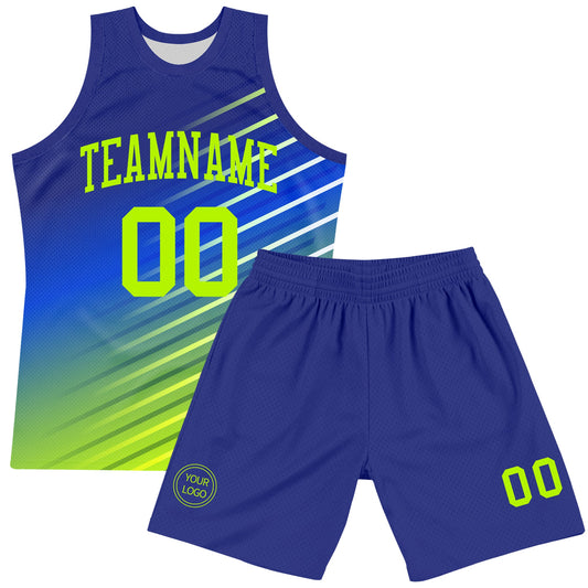 Custom Royal Neon Green-White Line Round Neck Sublimation Basketball Suit Jersey - Sky-Custom