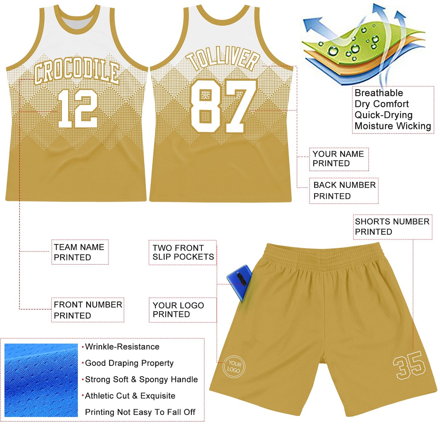 Custom White Old Gold Gradient Square Shapes Round Neck Sublimation Basketball Suit Jersey - Sky-Custom