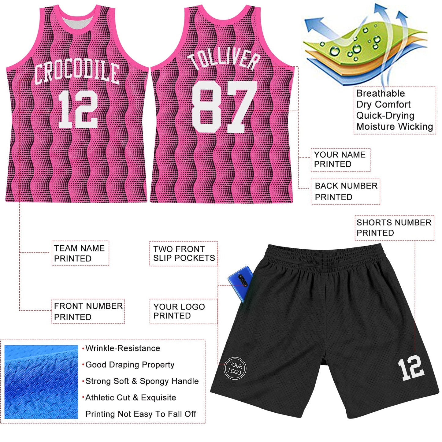 Custom Pink White-Black Geometric Shape Round Neck Sublimation Basketball Suit Jersey - Sky-Custom