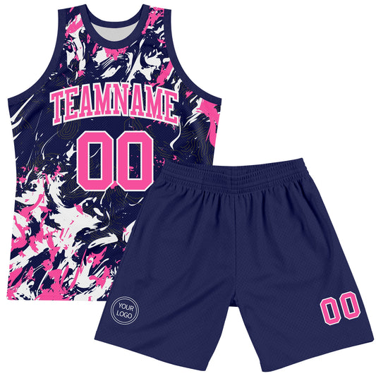 Custom Navy Pink-White Fluid Art Round Neck Sublimation Basketball Suit Jersey - Sky-Custom