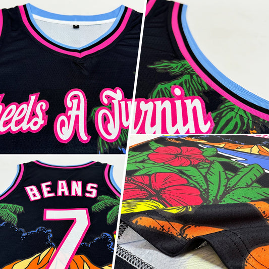 Custom Black White Pink-Light Blue 3D Pattern Tropical Beach Hawaii Palm Trees Authentic Basketball Jersey - Sky-Custom
