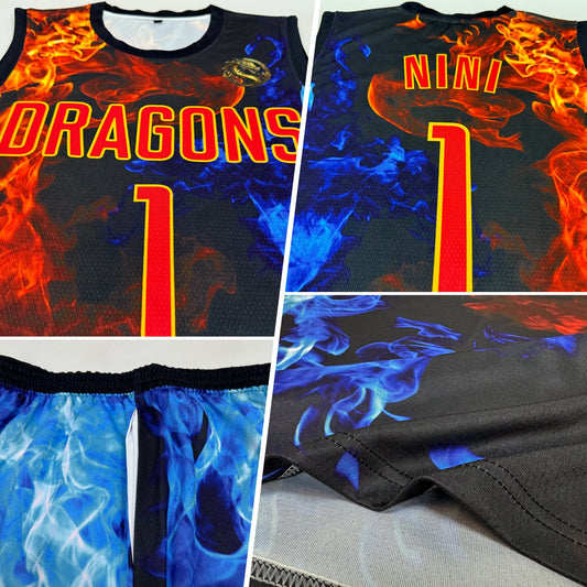 Custom Figure Red-Gold Flame Round Neck Sublimation Basketball Suit Jersey - Sky-Custom