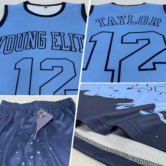 Custom Light Blue Navy Color Splash Round Neck Sublimation Basketball Suit Jersey - Sky-Custom
