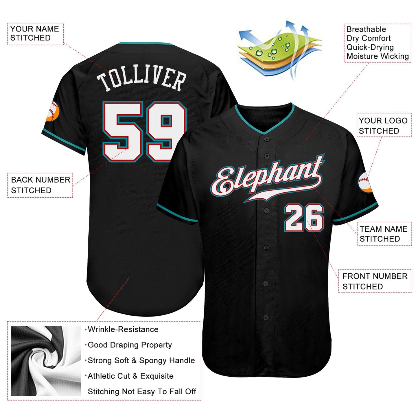 Custom Black White-Teal Authentic Baseball Jersey - Sky-Custom