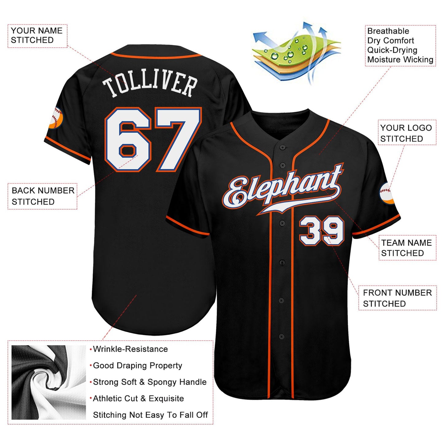 Custom Black White-Orange Authentic Baseball Jersey - Sky-Custom