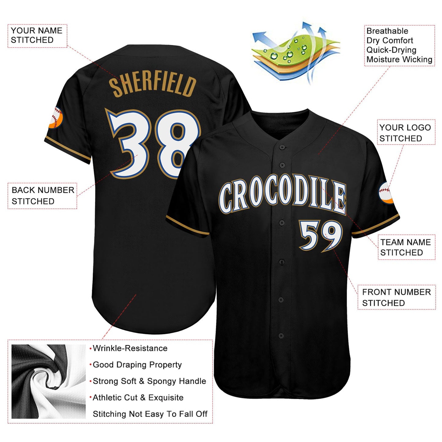 Custom Black White Old Gold-Royal Authentic Baseball Jersey - Sky-Custom