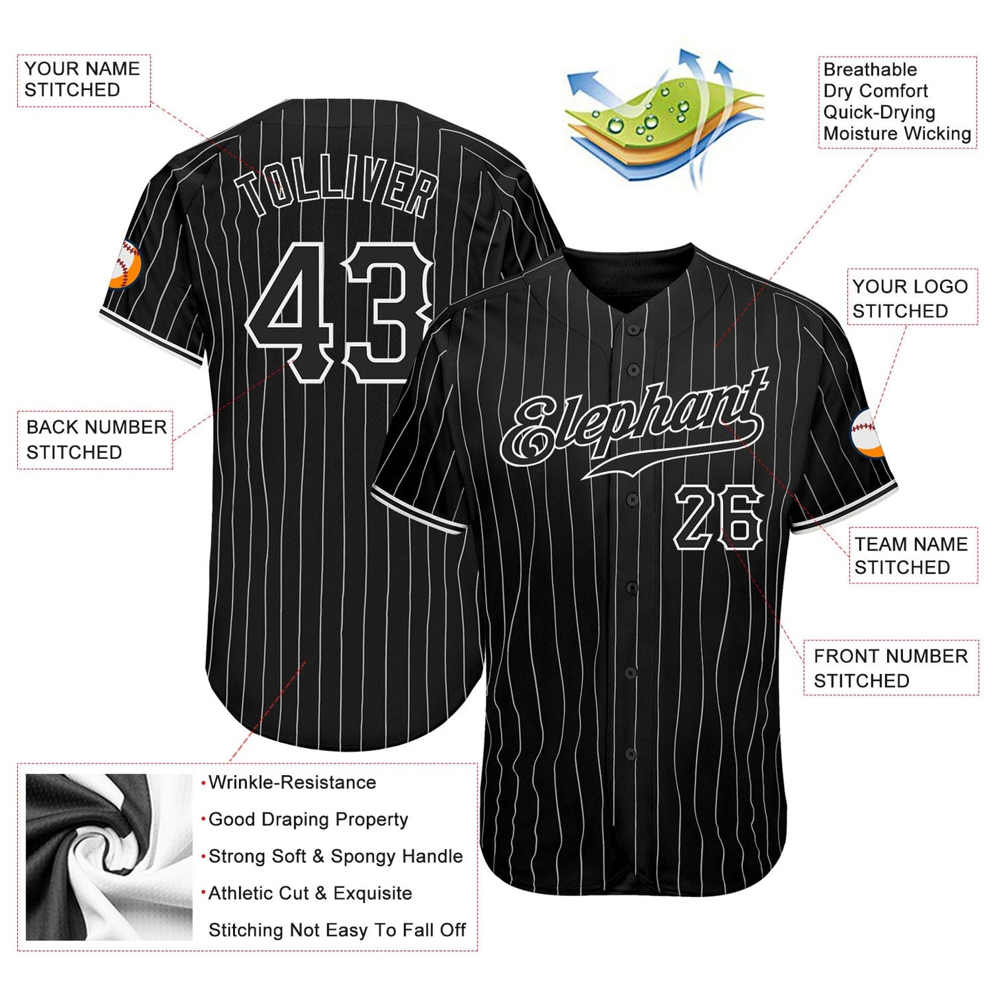 Custom Black White Pinstripe Black-White Authentic Baseball Jersey - Sky-Custom