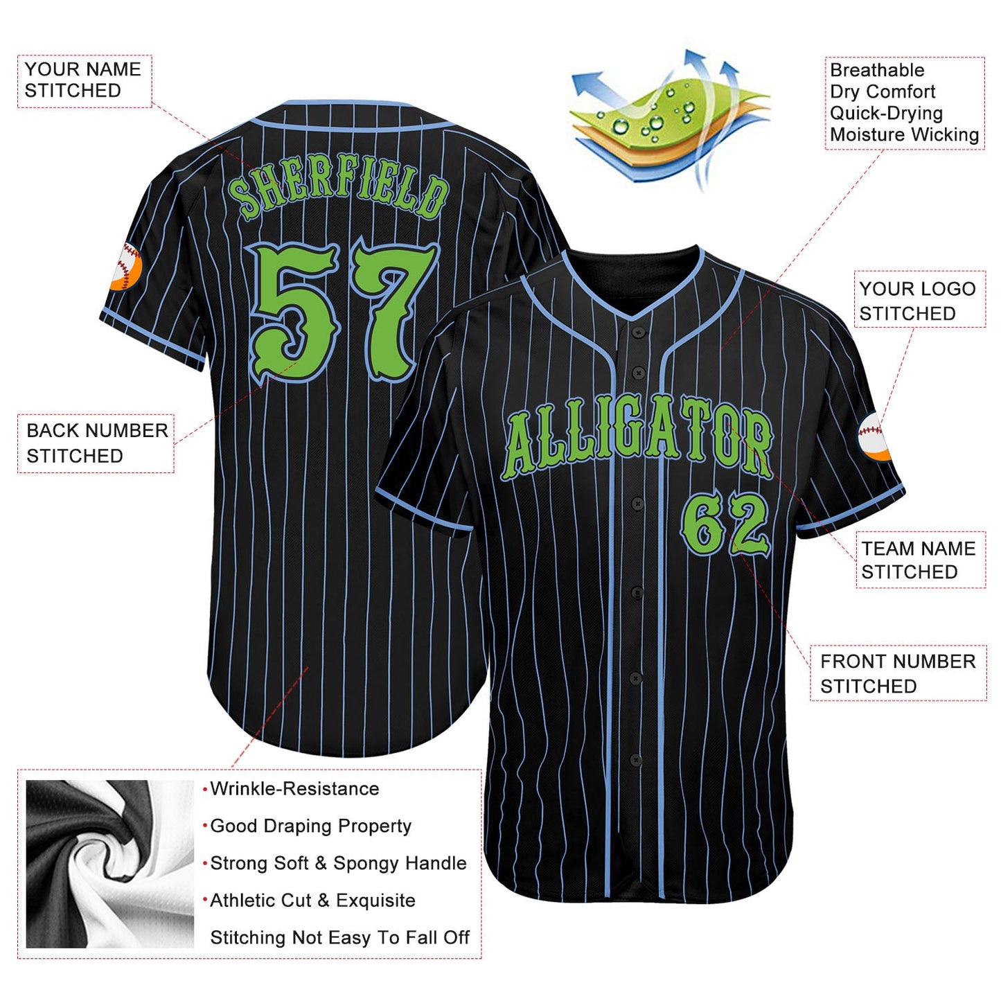Custom Black Light Blue Pinstripe Neon Green Authentic Baseball Jersey - Sky-Custom