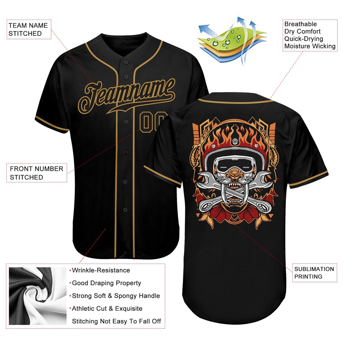 Custom Black Black-Old Gold Authentic Skull Fashion Baseball Jersey - Sky-Custom