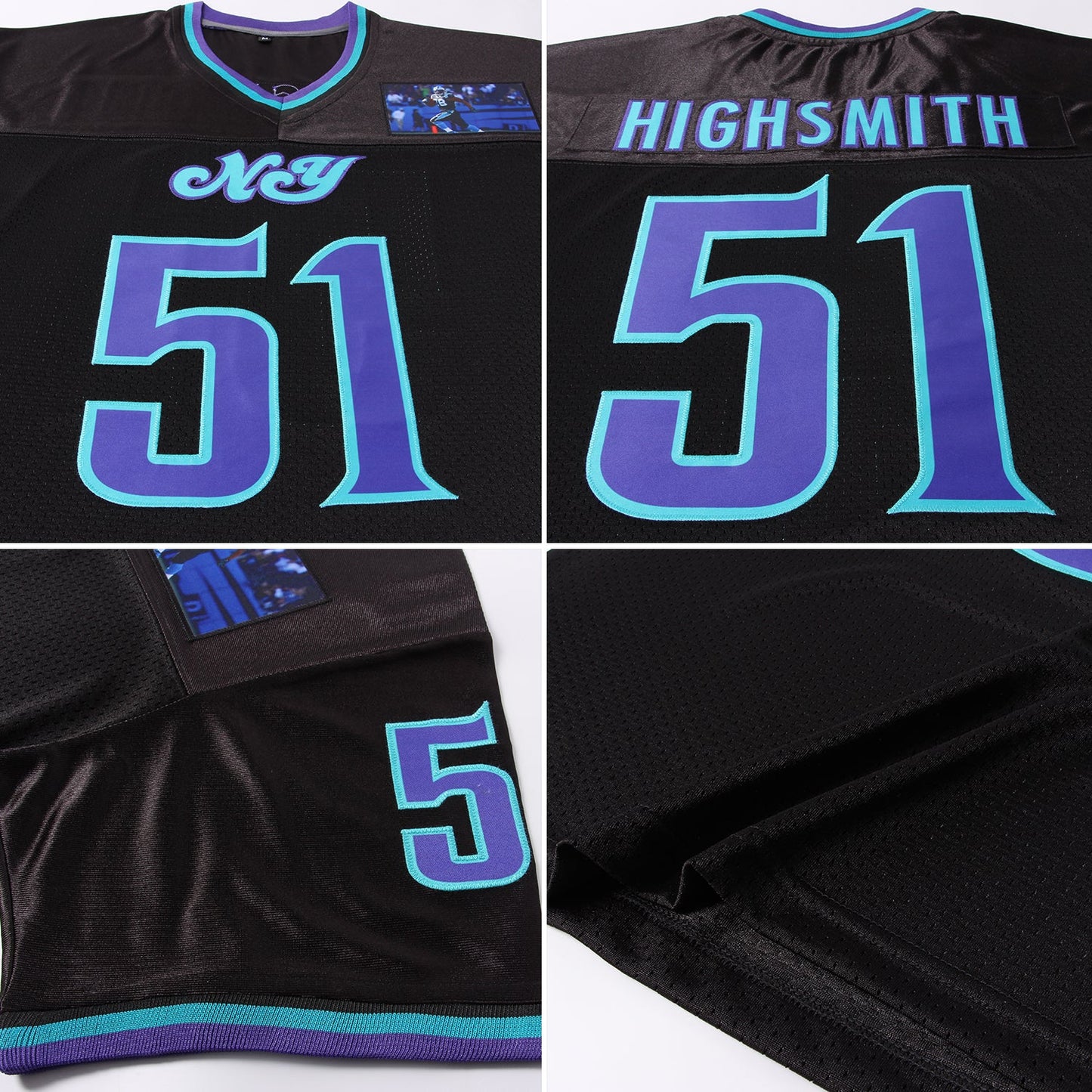 Custom Black Purple-Aqua Mesh Authentic Throwback Football Jersey - Sky-Custom