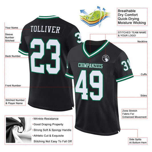 Custom Black White-Kelly Green Mesh Authentic Throwback Football Jersey - Sky-Custom