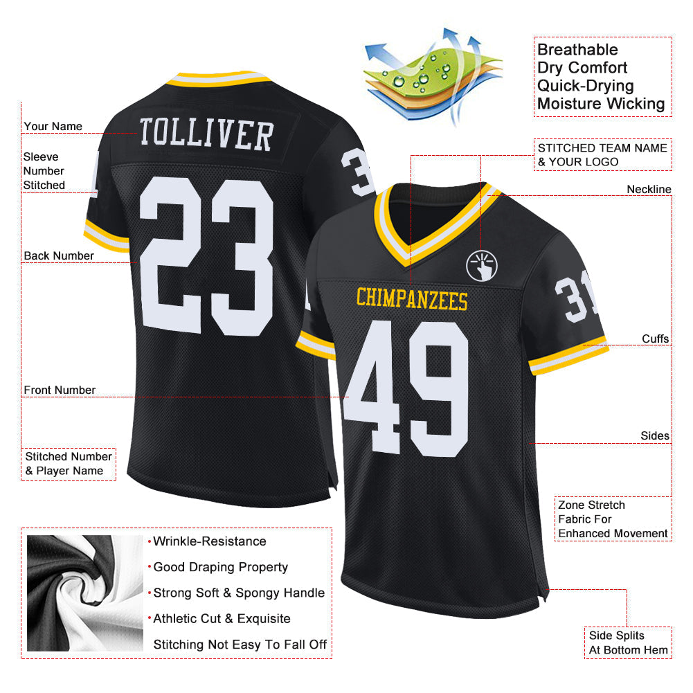 Custom Black White-Gold Mesh Authentic Throwback Football Jersey - Sky-Custom