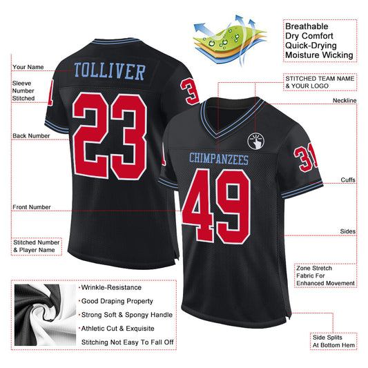Custom Black Red-Light Blue Mesh Authentic Throwback Football Jersey - Sky-Custom