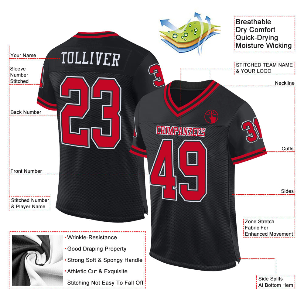 Custom Black Red-White Mesh Authentic Throwback Football Jersey - Sky-Custom