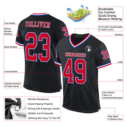 Custom Black Red-Royal Mesh Authentic Throwback Football Jersey - Sky-Custom